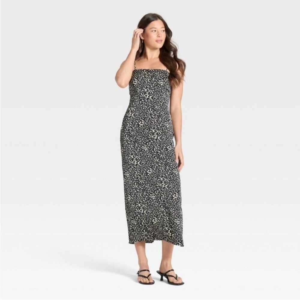Square neckline, adjustable spaghetti strap cream & black leopard midi dress